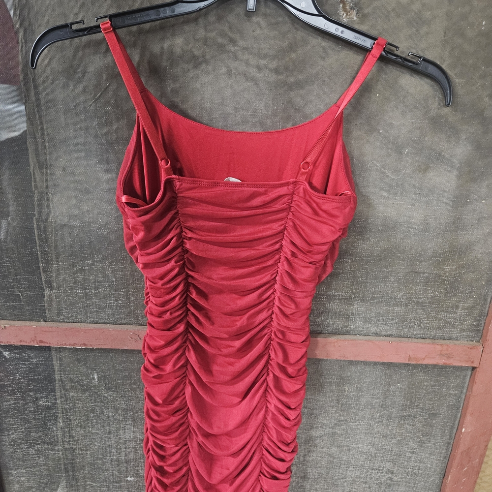 Chic Scarlet Ruched Mini Dress - Picture 2 of 3